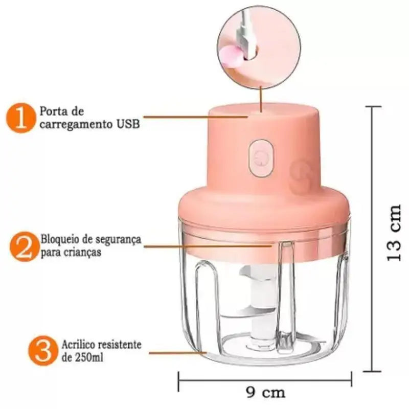 Mini Processador de Alimentos Elétrico 250ml Sem Fio Recarregável