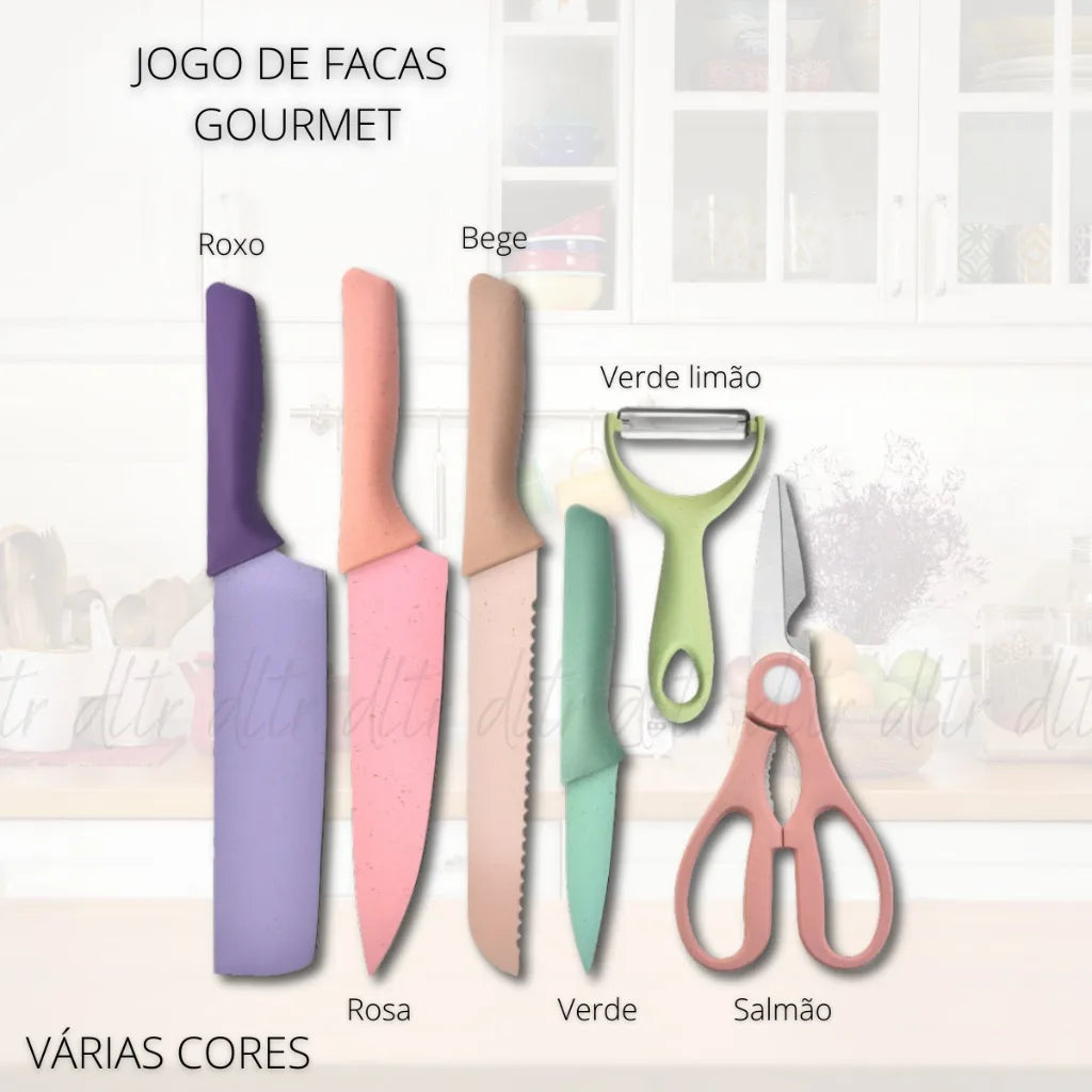 Conjunto Kit Facas Profissional Colorido em Aço Inoxidável com 6 Peças para Churrasco e Cozinha Kitchen Tesoura Facas