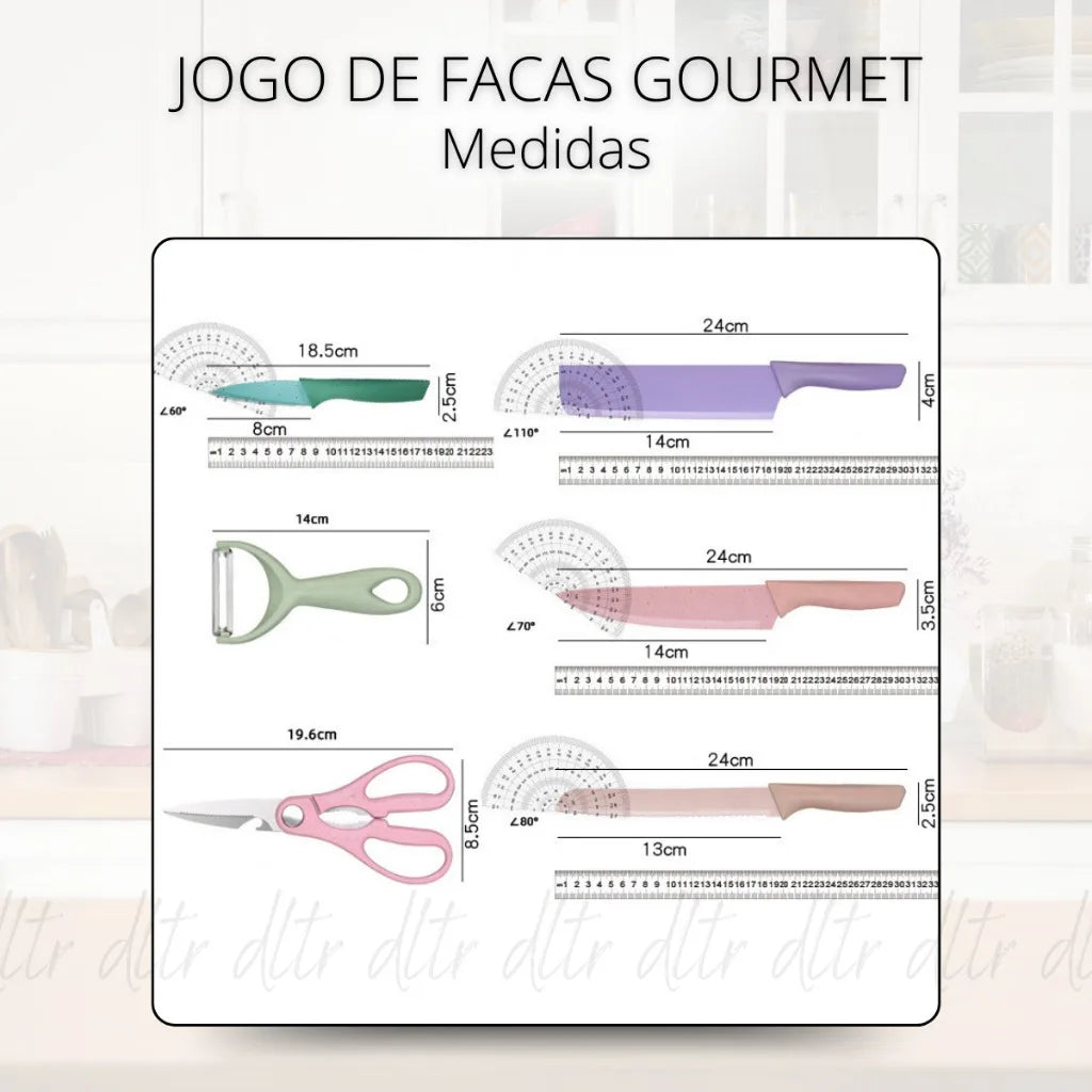 Conjunto Kit Facas Profissional Colorido em Aço Inoxidável com 6 Peças para Churrasco e Cozinha Kitchen Tesoura Facas