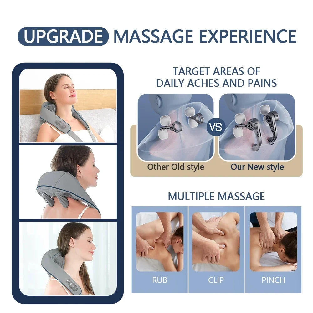 Massageador Elétrico para Pescoço e Costas – Almofada de Massagem Sem Fio para Pescoço e Ombros, Massageador de Amassamento Trapezius, Massagem Cervical e para as Costas, Xale de Massagem.